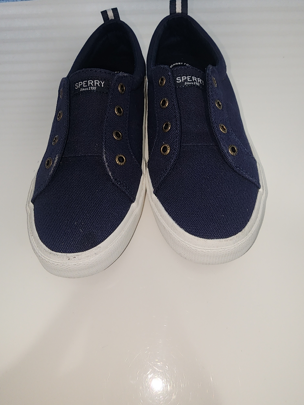 Sperry Preppy Womens Navy Slip-On Canvas Sneakers Size 7